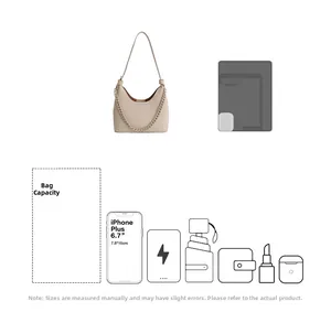 Detail view of beige leather crossbody bag capacity with phone and daily essentials