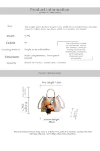 Detailed size chart and specifications for the white PU leather bucket handbag