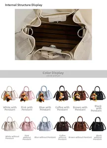 Detailed view of women's bucket bag showing multi-layered interior and various color options