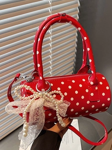 Vintage Women's Polka Dot Barrel Bag PU Leather Sweet Lace Artificial Pearl Bowknot Charm Crossbody Shoulder Handbag Cylindrical Bag