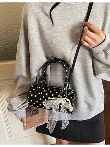 Polka dot cylindrical handbag with lace bow and pearl charm for women daily crossbody use