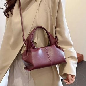 Fashionable burgundy cloud-shaped pleated shoulder bag with soft handle and slim strap