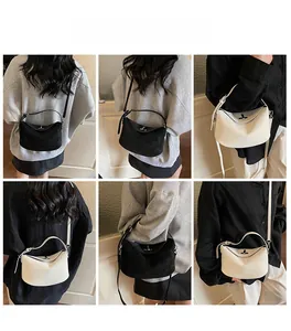 Six views of a leather hobo bag showing shoulder and crossbody wear in black and beige