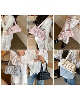 Collage of pleated Boston bags in pink, blue, black and beige showing various carry styles