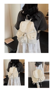 Detailed views of a white star pattern canvas backpack with flap buckle and drawstring