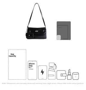 Detail view of black glossy shoulder bag capacity with icons showing storage space
