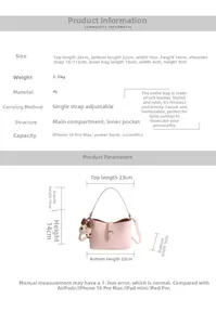 Detailed size chart for pink PU shoulder bag with adjustable strap and bear pendant