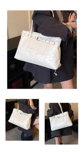 Three-grid view of a white PU leather tote bag with metallic buckle and shoulder strap