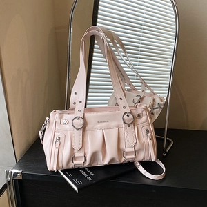 Vintage Plissee Kunstleder Schultertasche Für Damen Stilvolle Unterarm Tote Bag Mit Metallringen Retro Umhängetasche