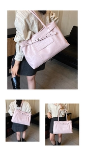 Three-way view of light pink tote bag showing large capacity and buckle details on model