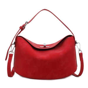 Deep red minimalist suede handbag with silver metal buckle and versatile shoulder strap