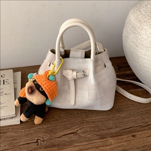 Retro Minimalist PU Leather Bucket Bag Women Stylish Crossbody Shoulder Handbag With Cute Dog Plush Charm Versatile Fashion Gift