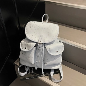 Chic light blue faux leather backpack with silver star patterns for students