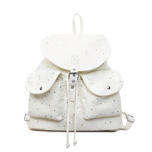 Beige canvas star pattern backpack with drawstring closure and silver star prints