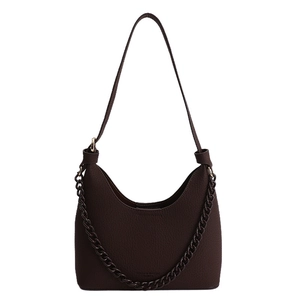 Deep brown pebble leather crescent hobo bag with a stylish chain strap and long handle