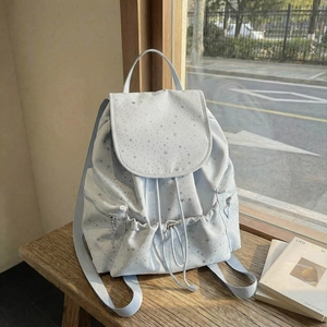 Women Fashion Star Print Drawstring Backpack Casual Korean Style Canvas School Bag Large Capacity Storage Travel Bag