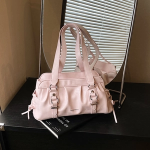 Pink pleated underarm bag with silver hardware and leather texture for women
