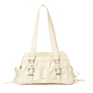 Minimalist beige leather shoulder bag with pleated design and silver ring details