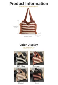 Detailed size chart and four color options for the striped knitted tassel tote bag