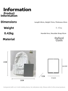 Detailed size chart showing dimensions and weight of the white Oxford school backpack