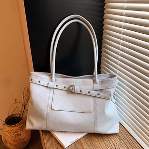 Women Large Capacity Synthetic Leather Tote Bag With Belt Buckle Decoration Retro Commuting Shoulder Bag Urban Minimalist Handbag
