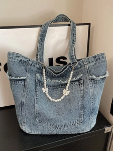 Women Large Capacity Washed Denim Tote Bag With Artificial Pearl Bow Chain Fringe Trim Shoulder Bag For Student Casual Daily Handbag