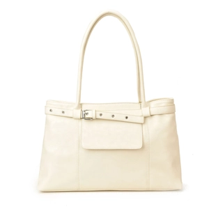 Minimalist cream tote bag with stylish buckle design and long shoulder straps