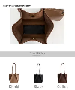 Detail view of large tote bag interior with matching zipper pouch in three classic colors
