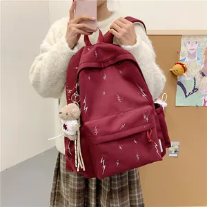 Detailed back view of a burgundy backpack with lightning patterns and a small bear charm