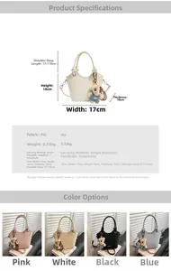 Detail showing mini bucket bag in PU leather with detachable bear pendant and long strap