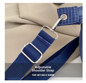 Detail view of adjustable blue fabric strap with silver metal buckle on plaid handbag