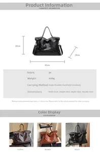 Detailed size chart and multi-color options for the vintage PU leather tote bag with rivets