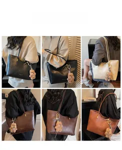 Multiple views of large PU leather tote bags with teddy bear charms in four stylish colors