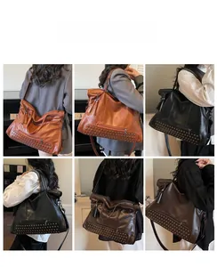 Detailed views of vintage tote bags with rivet studs and stylish side tassels