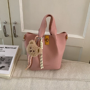 Vintage Synthetic Leather Litchi Pattern Bucket Bag For Women Large Capacity Two-Piece Set With Plush Bear Pendant Crossbody Shoulder Bag