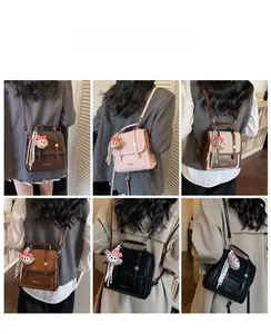 Collage of chic retro backpacks in multiple colors with plush charms for student travel