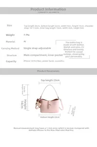 Pink PU leather shoulder bag with bear charm and detailed product dimensions overview