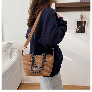 Brown checkered canvas crossbody bag with woven handles and wide strap shown on model
