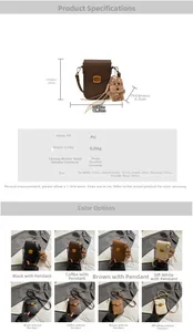 Vertical PU leather mini crossbody bag details showing dimensions and gold clasp closure