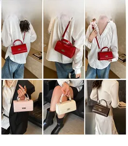 Close-up of crocodile pattern leather handbags with metal locks and detachable straps