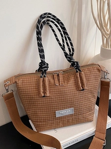 Women Fashion Plaid Canvas Tote Bag Large Capacity Checkered Shoulder Crossbody Bag Contrast Color Handbag For Casual Travel Daily Use