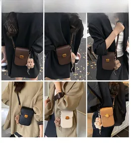 Collage of mini crossbody bags showing the metallic lock, plush bear charm and tassel detail
