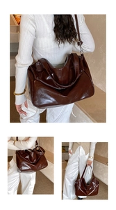 Detail view of caramel brown tote bag with high-gloss finish and long shoulder strap