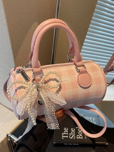 Sac Cylindre Doux à Carreaux en Simili Cuir Sac Bandoulière Avec Nœud Künstliche Perles et Dentelle Petit Sac à Épaule Mode pour Femmes