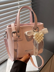 Damen Mode PU Leder Beuteltasche Mit Künstliche Perlenherz Anhänger Spitze Schleife Kleine Tote Umhängetasche Koreanischer Stil Alltagstasche