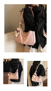 Detail view of pink leather hobo bag with shoulder strap knot and cute bear charm