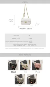 Size chart for quilted chain crossbody bag showing dimensions and five color options