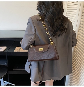 Détail d'un sac à bandoulière marron foncé brillant avec fermoir doré sur un modèle