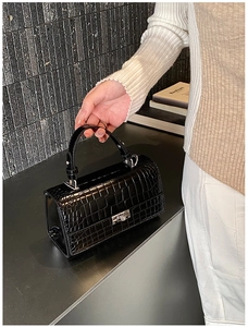 Close-up of black croc-embossed handbag with silver metal clasp and top handle