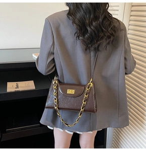 Détail d'un sac bandoulière en cuir verni marron foncé avec chaîne dorée et boucle carrée